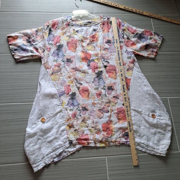 Floral Linen Womens Top By Transparente With Wooden Button Accents Pocket 2XL - Picture 10 of 10